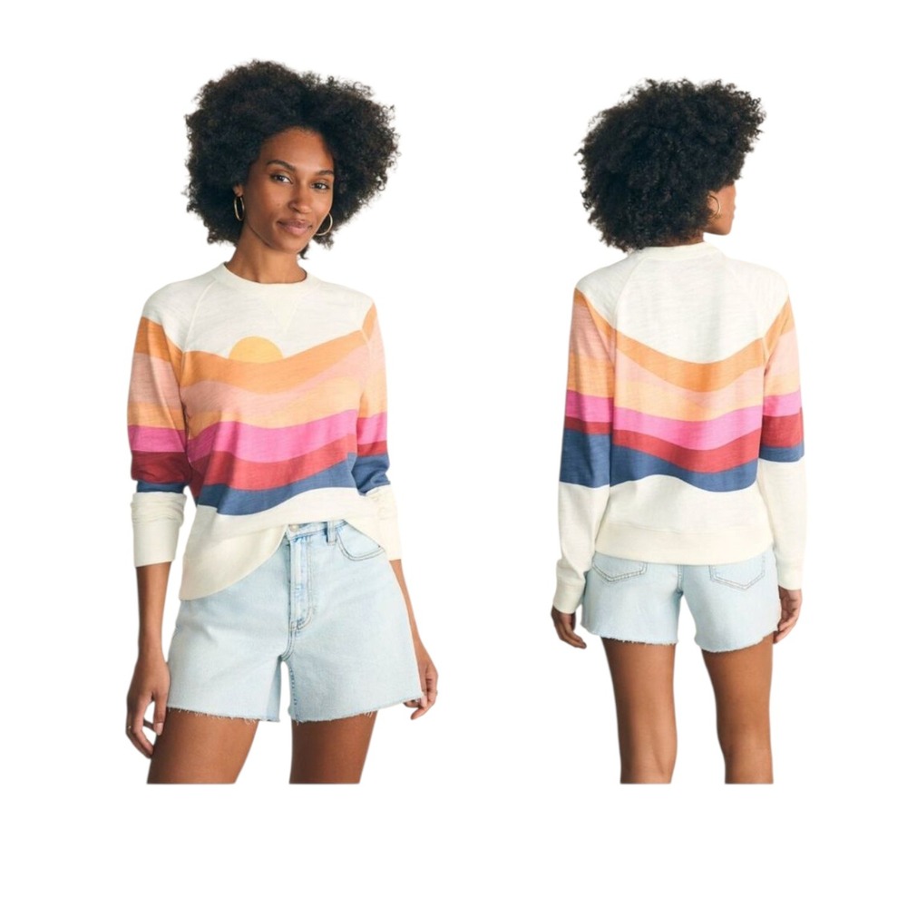 Faherty Cream Sunset Stripe Crewneck Sweater with Pink, Orange, Blue Bands